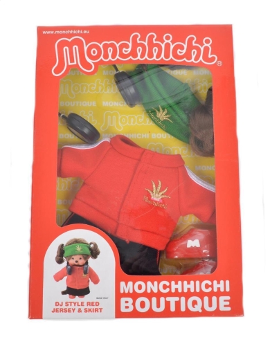 Monchichi abbigliamento set cappotto rosso con fascia verde