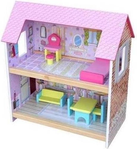 Casa delle bambole in legno Playwood 2 piani; include 7 mobili